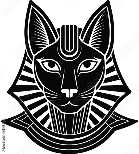 Vector art of stylized black and white illustration of an ancient egyptian cat goddess, bastet, with striking features and a regal headdress, isolated on a