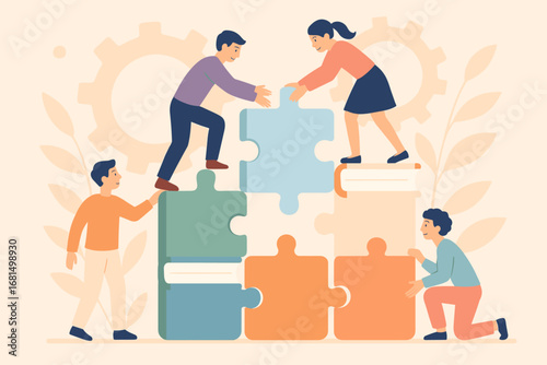 Team collaboration concept with people building jigsaw puzzle structure
