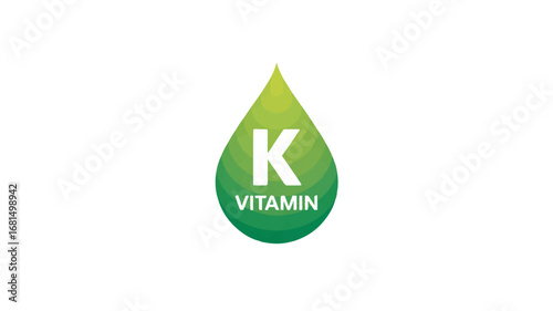 A minimalist logo design of a green teardrop-shaped droplet containing a vitamin K in the center. Isolated on a transparent background 
.