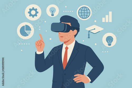 Businessman exploring virtual reality with futuristic technology icons