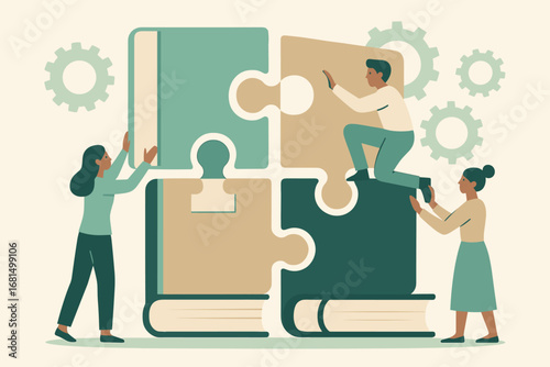 Teamwork concept with people solving puzzle and books in flat style
