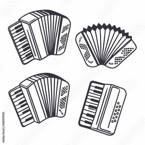 Vector art of a collection of four handdrawn accordion illustrations, isolated on a, showcasing different angles and styles of the musical instrument