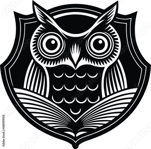 Vector art of black and white shield emblem featuring a stylized owl perched above an open book