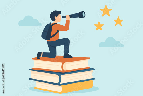 Exploration and achievement concept with person looking ahead from book stack
