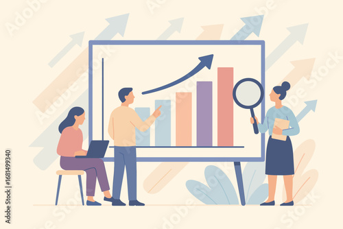 Team analyzing business growth data on presentation screen with rising arrows
