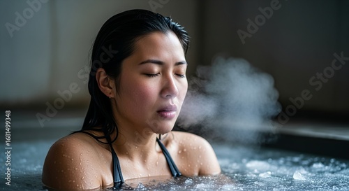 Asian woman with closed eyes exhaling mist in cold plunge ice bath