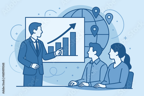 Business presentation with global growth chart in modern linear style