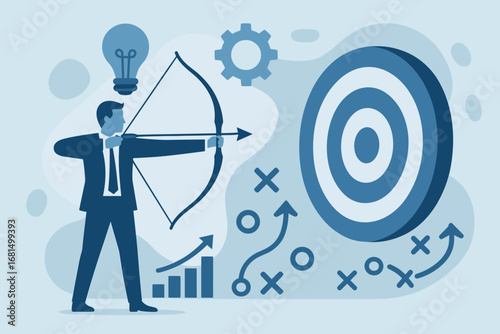 Businessman aiming at target with bow and arrow in flat blue style