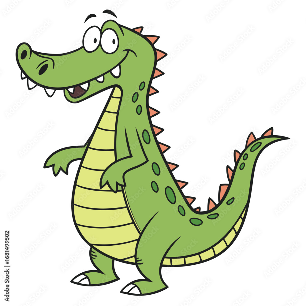 Fototapeta premium Vector art of a cute cartoon alligator with green skin, orange spikes, and a big smile, standing, isolated on white background