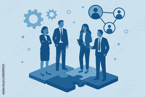 Teamwork concept with business professionals on puzzle platform