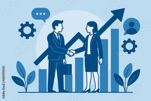 Business partnership success with growth chart and arrow in blue tones