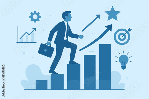 Business growth success: professional climbing career ladder in modern blue tones