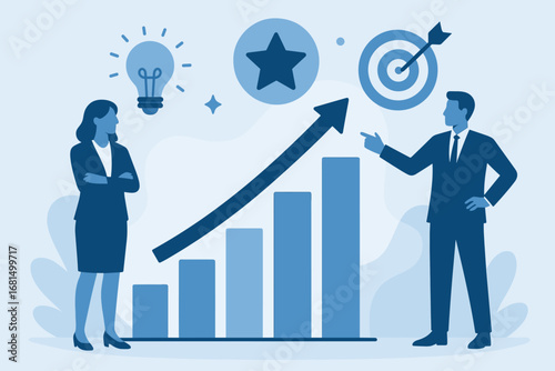 Business growth analysis with professionals and rising graph in flat design