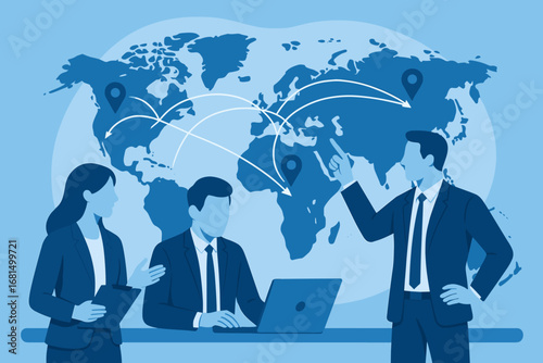 Global business strategy meeting with world map connections in monochrome