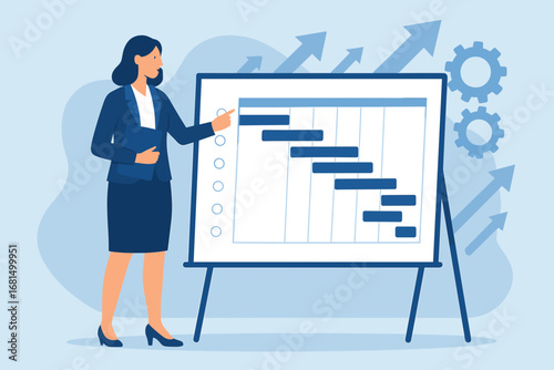 Businesswoman presenting project timeline on gantt chart in office