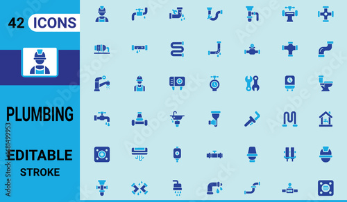Plumbing solid icon set. Plumbing repair service Construction icons and vector illustration .Editable stroke.