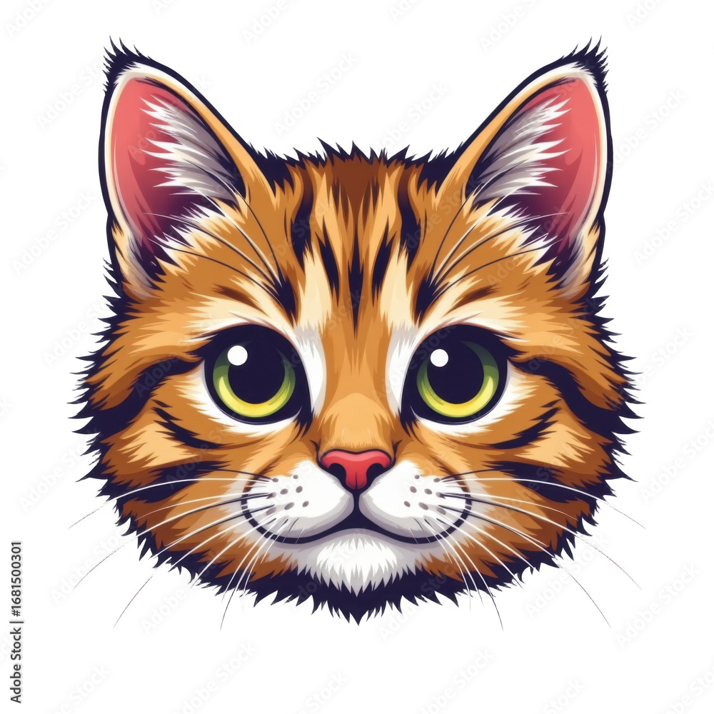 Obraz premium Close-up of a detailed and realistic illustration of a cute tabby cat's face with large green eyes pink nose and expressive ears on a white background