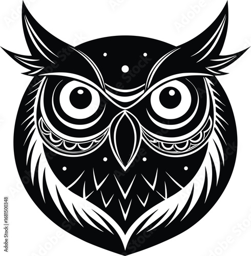 Vector art of stylized black and white owl face with intricate details, featuring large circular eyes, feathered patterns, and pointed ear tufts