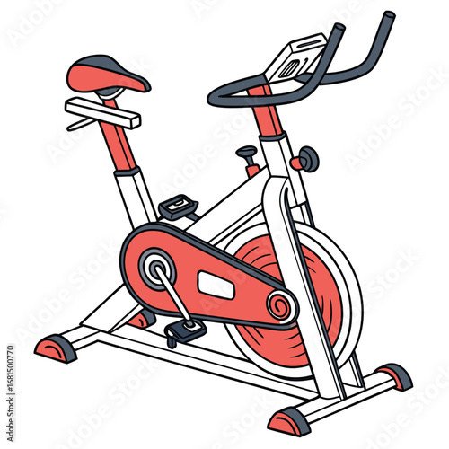 Vector art of an illustration of a stationary exercise bike with red and white accents, isolated on white background