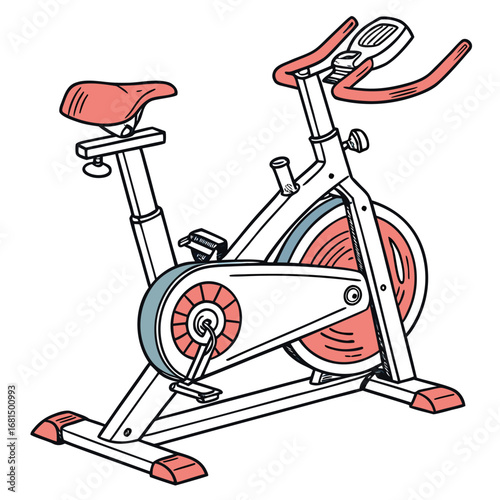 Illustration of a stationary exercise bike with a red seat and handlebars, isolated on white background
