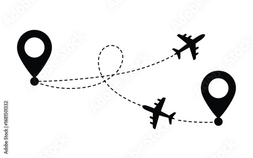 Airplane Flight Route, Travel Path Icons, Location to Location Flight