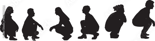 vector,silhouette of  side view of a group of woman squatting on white