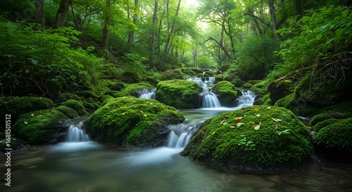 Serene Forest Stream with Lush Green Moss-Covered Rocks and Cascading Waterfalls