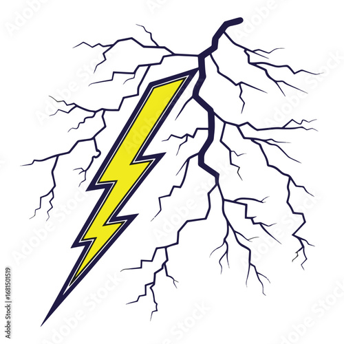 A bright yellow lightning bolt strikes with dark, branching lines, isolated on white background