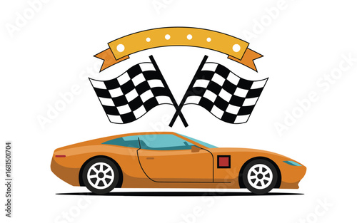 Racing Car and Finish Flags Icon with Banner Design
