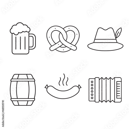 Oktoberfest Line Icons Pack: Beer Pretzel Sausage Hat Barrel Accordion