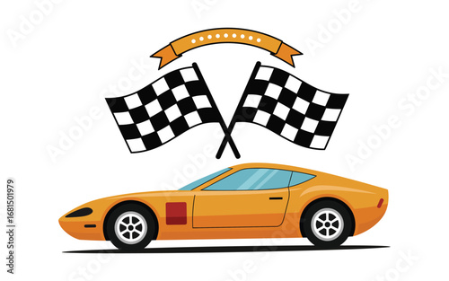Yellow Sports Car with Checkered Flags Vector Illustration