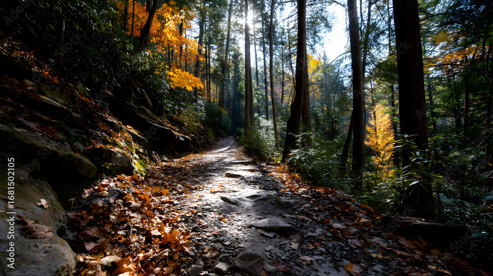 Fototapeta premium Autumn forest trail winding through a valley, with snlight glistening on the clorful leaves.