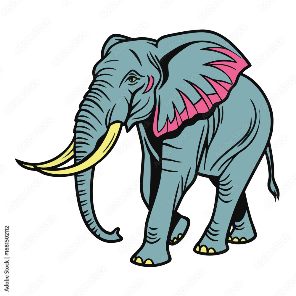 Obraz premium A cartoon illustration of a large grey elephant with pink accents on its ears, walking with its trunk curled