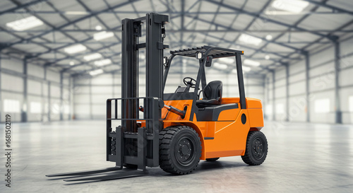 Modern orange forklift parked inside a large warehouse ready for loading and transport