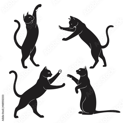 Vector art of four black cat silhouettes in various playful poses, isolated on white background