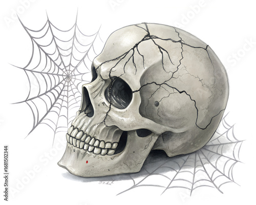 Spooky Skull with Cracks and Cobwebs Halloween Decoration Isolated on White,Cracked Halloween Skull Illustration with Cobweb Details Isolated on White Background