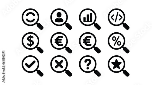 A set of 12 black and white currency and business icons arranged in a 3x4 grid, each enclosed in a circular magnifying glass frame.