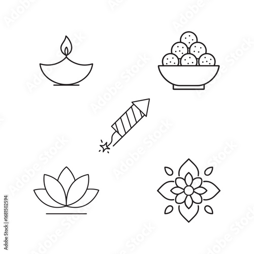 Diwali Line Icons Pack: Diya Rangoli Firecracker Sweets Lotus Vector