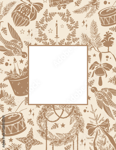 Rectangular Christmas card template with square frame. Background with Christmas vintage toys and decor. Ready-made design for winter postcard, poster, banner, invitation. Holiday vector retro