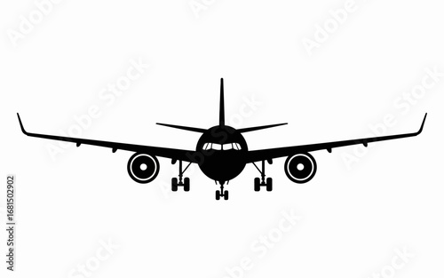 Minimalist black silhouette of an airplane front view with wings extended, engines visible, and landing gear down.