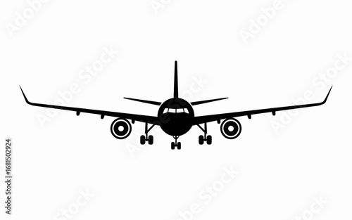 Minimalist black silhouette of an airplane front view with wings extended, engines visible, and landing gear down.