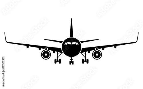 Minimalist black silhouette of an airplane front view with wings extended, engines visible, and landing gear down.