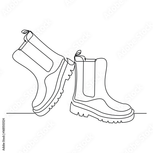 Continuous line of man office formal work shoes or safety hiking boots. Single line drawing editable stroke. Vector illustration