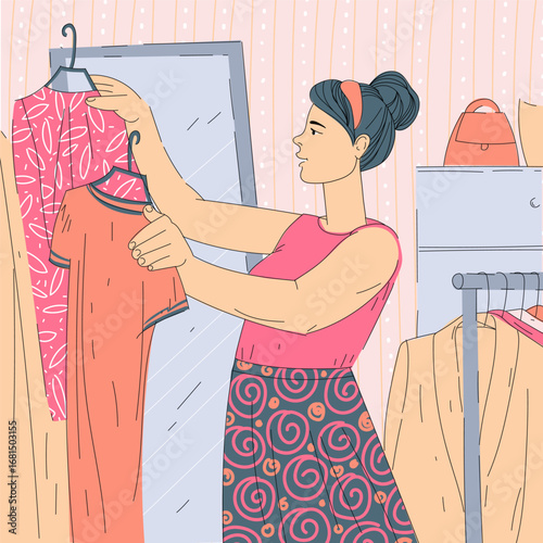 Young woman holding clothes on hangers and standing in front of a mirror. Girl choosing a dress in a dressing room or in a store. Woman trying on and buying clothes. Flat vector illustration. 