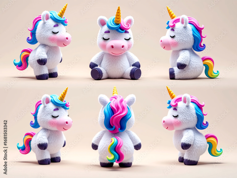 Naklejka premium Adorable Fluffy Unicorn with Pink and Blue Hair