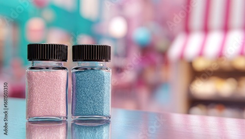 Fototapeta Naklejka Na Ścianę i Meble -  Two small, clear glass bottles, one pink, one blue, filled with glittering powder, sit on a reflective surface.  A blurry background of a pastel-toned street scene with a candy shop is visible