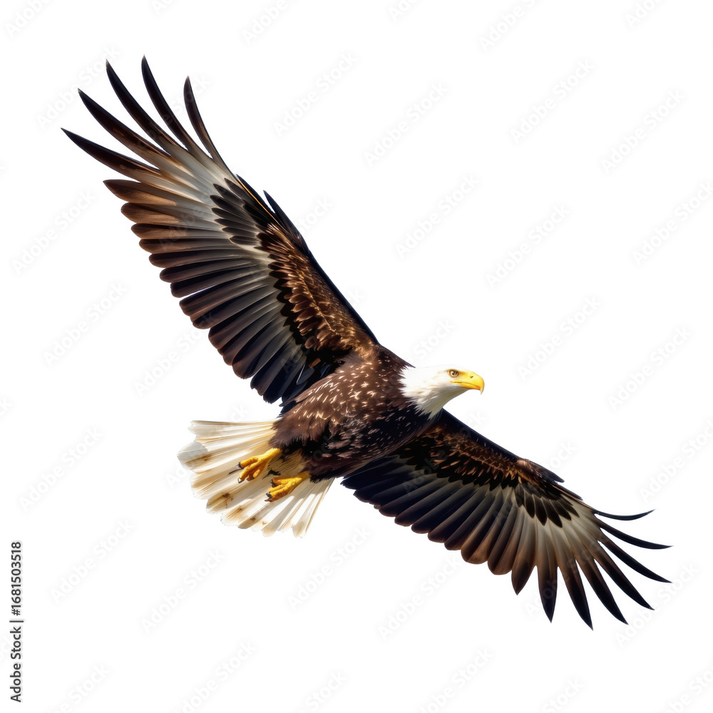 Obraz premium Stunning soa adult bald eagle with wide wingspan displaying majestic flight with detailed feathers and yellow beak in clear sky background