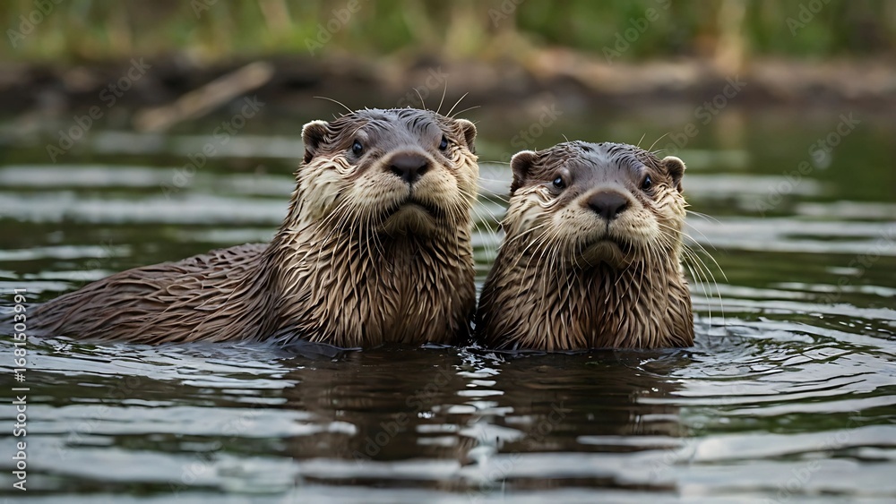 Obraz premium River Otter Duo: A pair of playful river otters gaze directly at the viewer, partially submerged in the cool, clear water. The sunlight glistens, highlighting their sleek fur and inquisitive eyes.