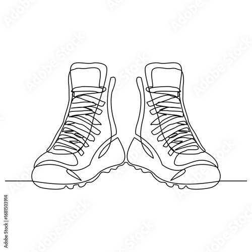 Continuous line of man office formal work shoes or safety hiking boots. Single line drawing editable stroke. Vector illustration
