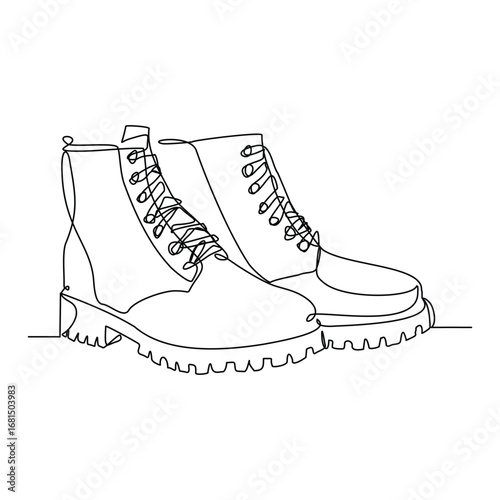 Continuous line of man office formal work shoes or safety hiking boots. Single line drawing editable stroke. Vector illustration